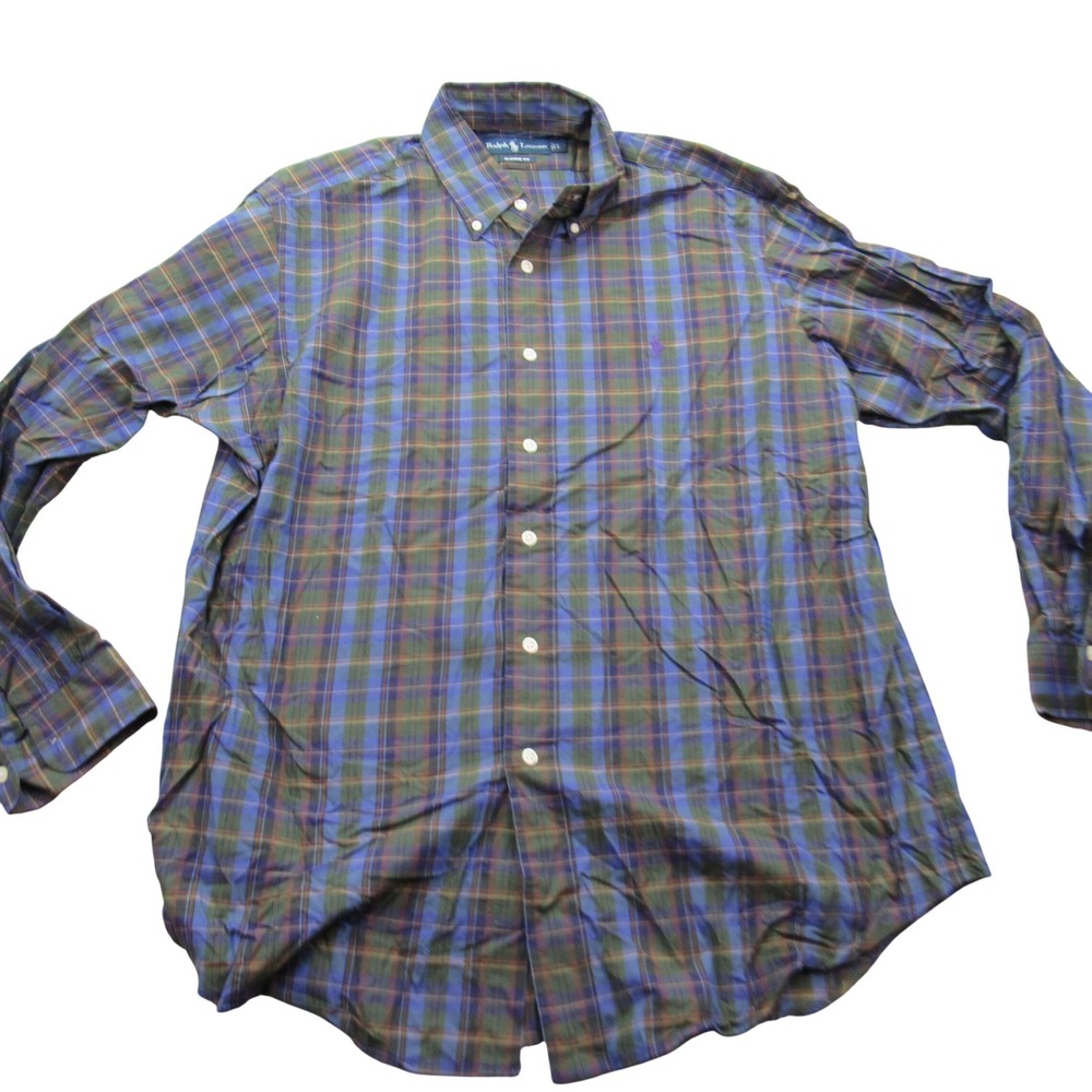 Ralph Lauren Mens Classic Fit Plaid Button Down Shirt Size L Purple Green Blue